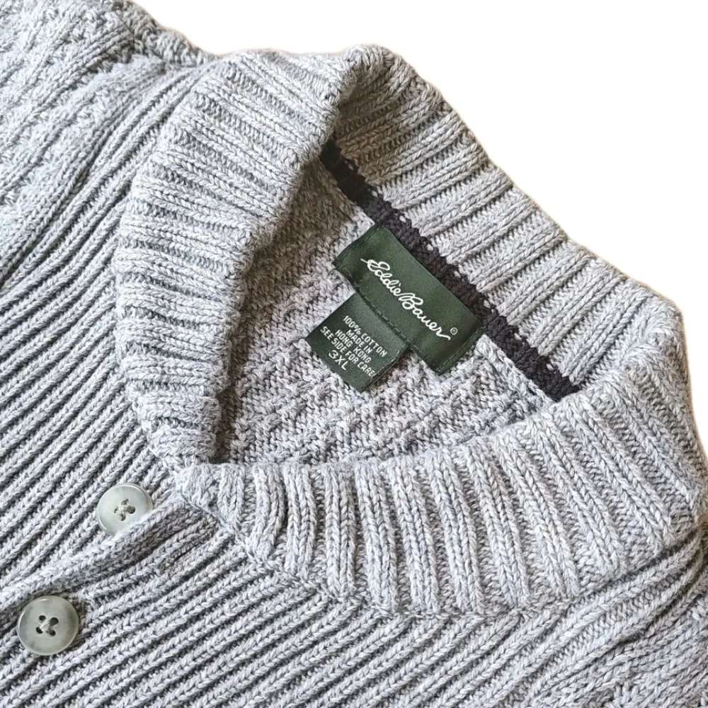 Vintage 80s Eddie Bauer Cable Knit Henley Sweater Men 3X Taupey Gray Qtr Button - Picture 6 of 9